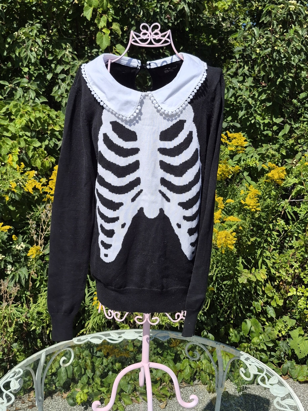 Iron Fist Black Sweater with White Skeleton Graphic and Peter Pan Collar